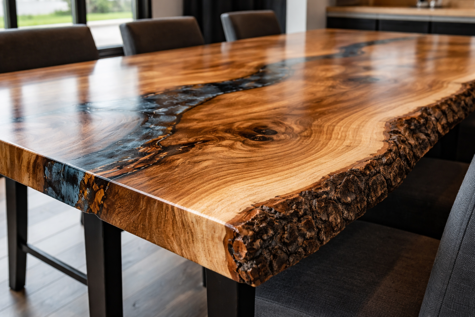 Landscape format (1536x1024) image showcasing a completed live edge table or island surface, ready for use. The focus is on the exquisite fi