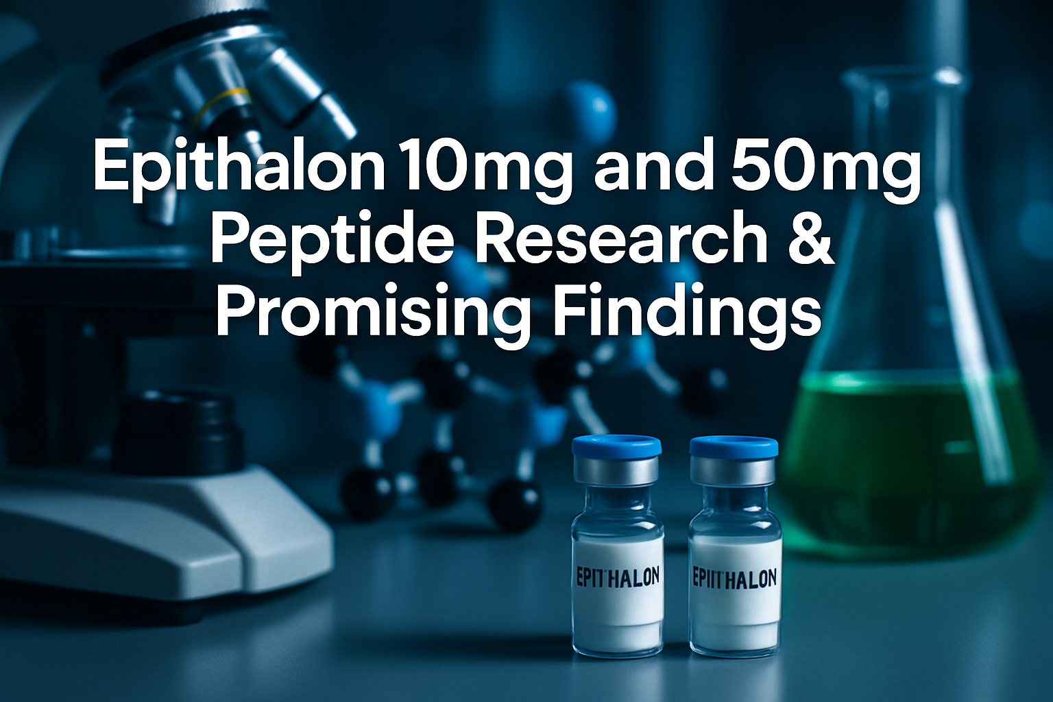 Professional landscape hero image (1536x1024) featuring bold text overlay: 'Epithalon 10mg and 50mg Peptide Research & Promising Findings', 