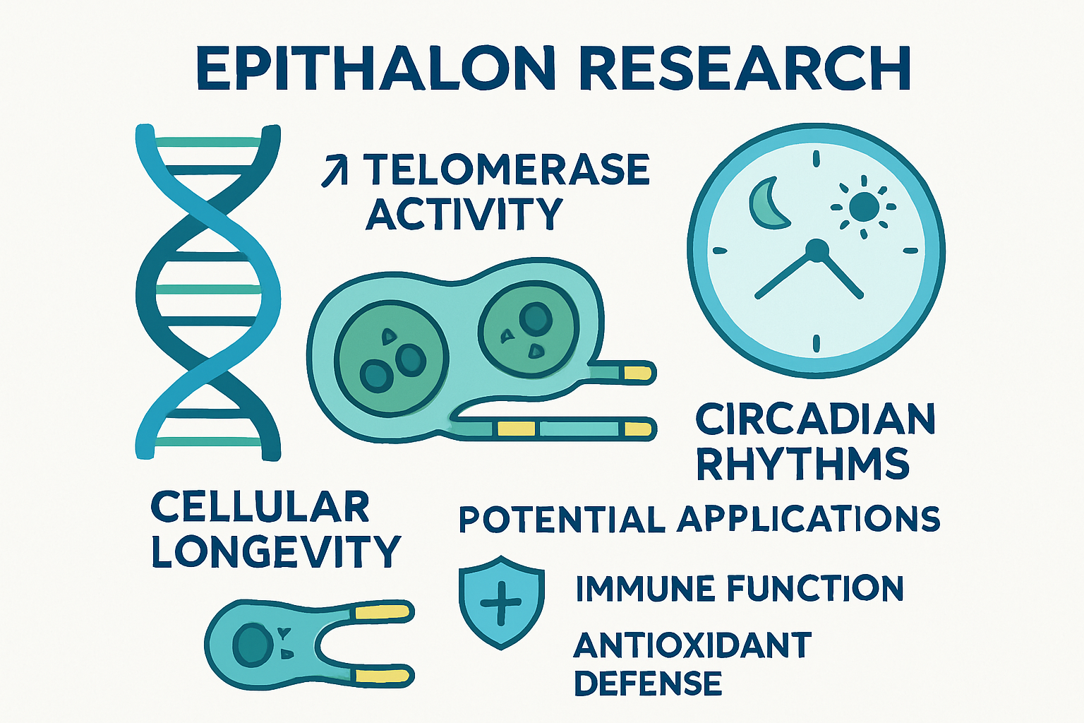 An infographic or visual summary illustrating key research findings and potential applications of Epithalon, specifically focusing on its im
