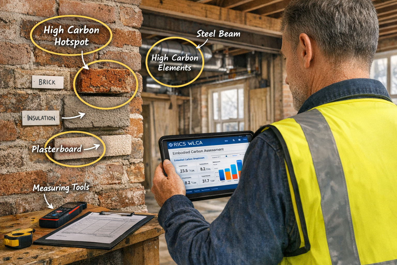 Detailed () editorial photograph showing chartered surveyor conducting Level 3 building survey in partially renovated