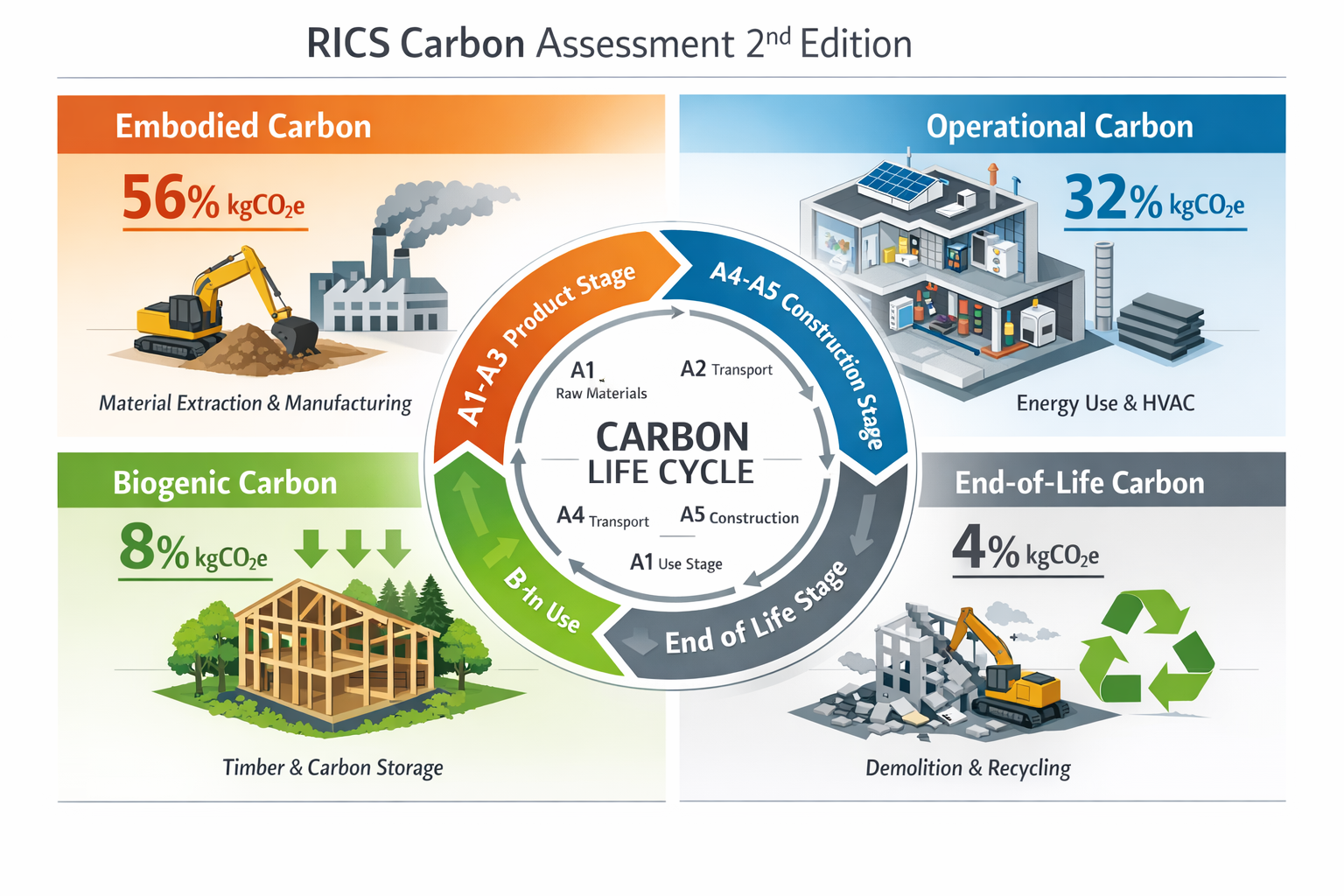 () technical infographic illustration displaying four-quadrant breakdown of carbon types assessed under RICS 2nd edition: