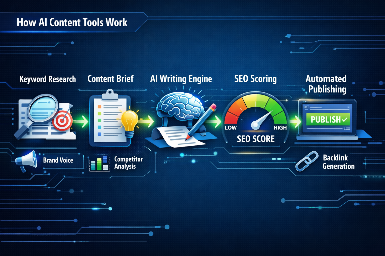 Digital illustration, graphic design style, Landscape format (1536x1024) infographic-style illustration showing a step-by-step AI content generation pipeline: keyword research node connecting to content brief, then AI writing engine, then SEO scoring meter, then automated publishing button, all linked by glowing arrows on a dark tech background. Include small icons for brand voice, competitor analysis, and backlink generation. Color palette: deep blue, green, white. Clean, editorial, data-driven visual with 'How AI Content Tools Work' label in top left corner.