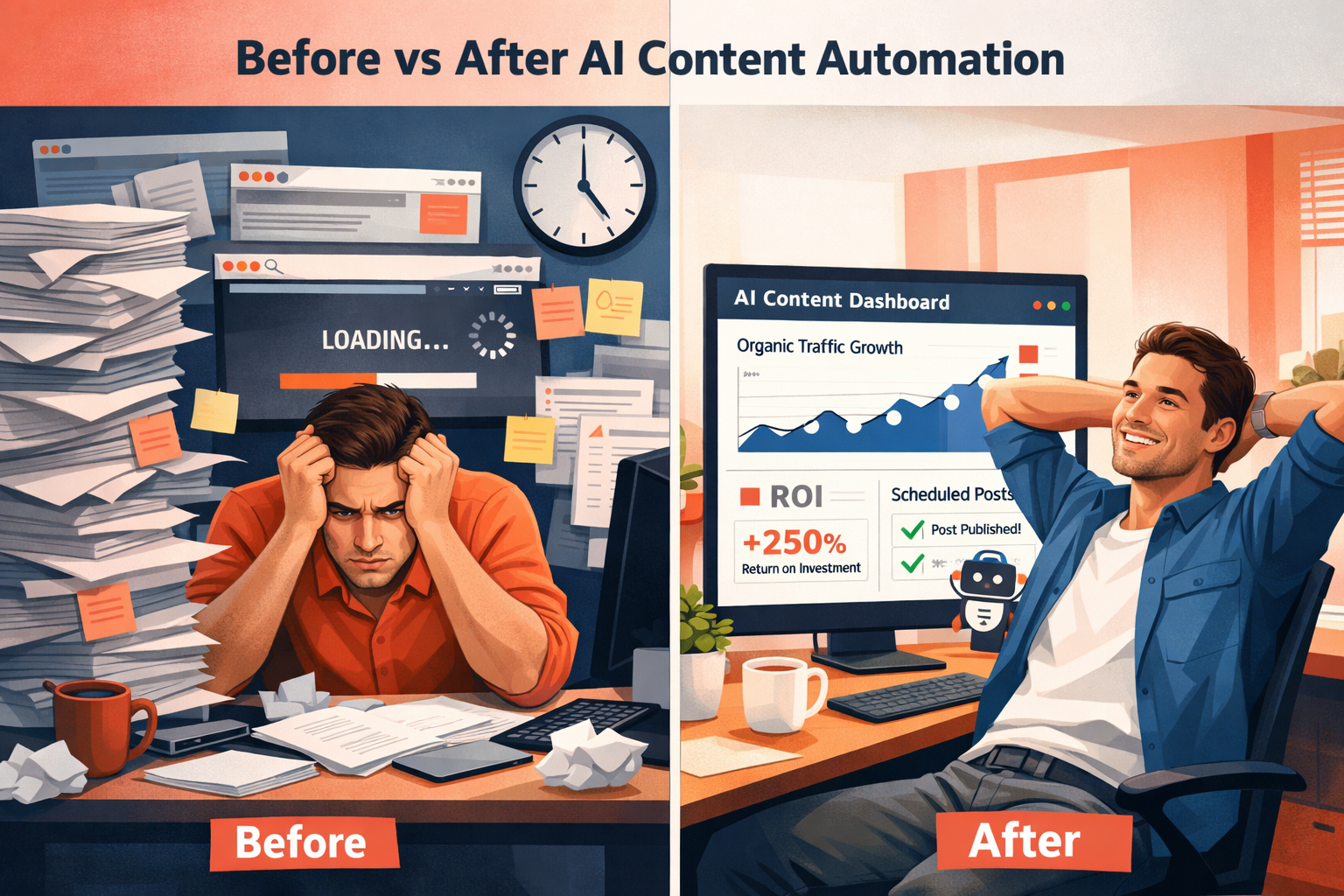 Digital illustration, graphic design style, Landscape format (1536x1024) split-screen comparison visual: left side shows a frustrated content marketer surrounded by stacks of paper, browser tabs, and a slow-loading website; right side shows the same marketer relaxed, with a clean AI dashboard displaying organic traffic growth charts, ROI metrics, and automated publishing confirmations. Bold label 'Before vs After AI Content Automation' at top center in dark navy sans-serif. Photorealistic editorial quality, bright and professional color scheme: coral, navy, white.