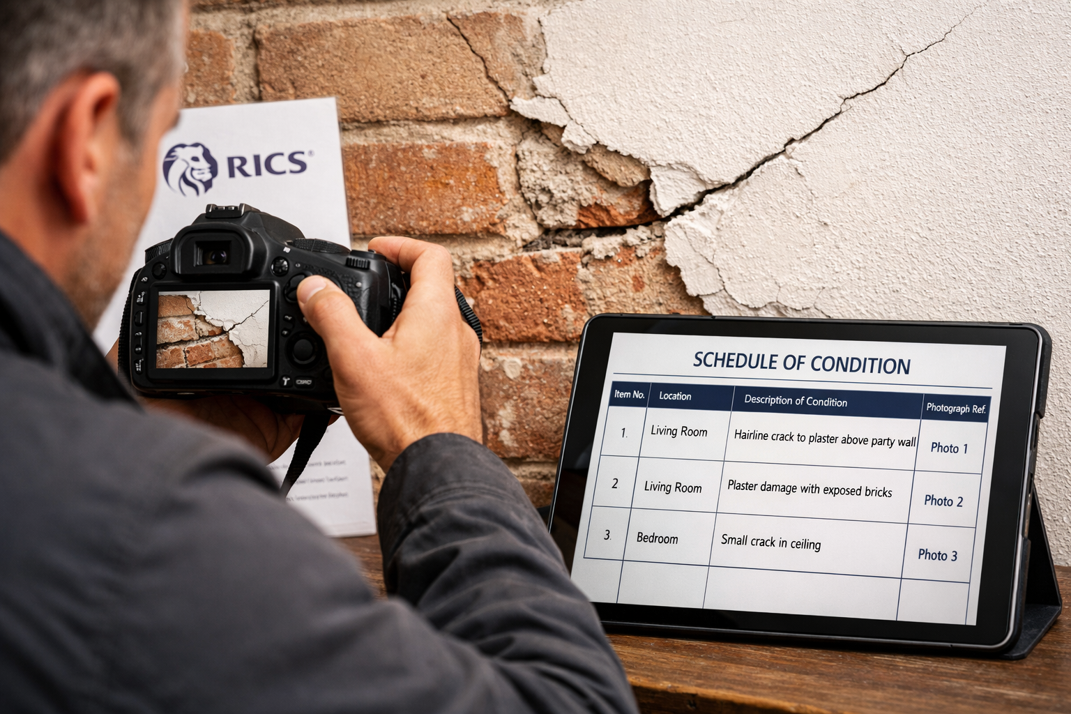 Detailed () showing a professional party wall surveyor using a high-resolution DSLR camera to photograph hairline cracks and