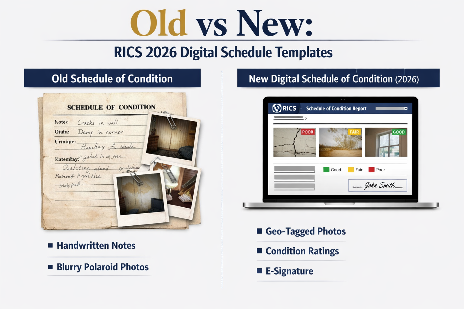 Detailed () showing a side-by-side comparison infographic: left panel displays an old paper-based Schedule of Condition form