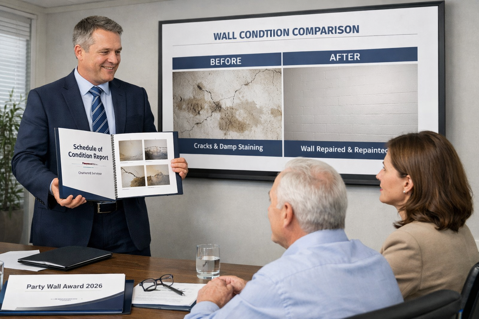 Detailed () showing a professional dispute resolution scene: a party wall surveyor presenting a bound Schedule of Condition