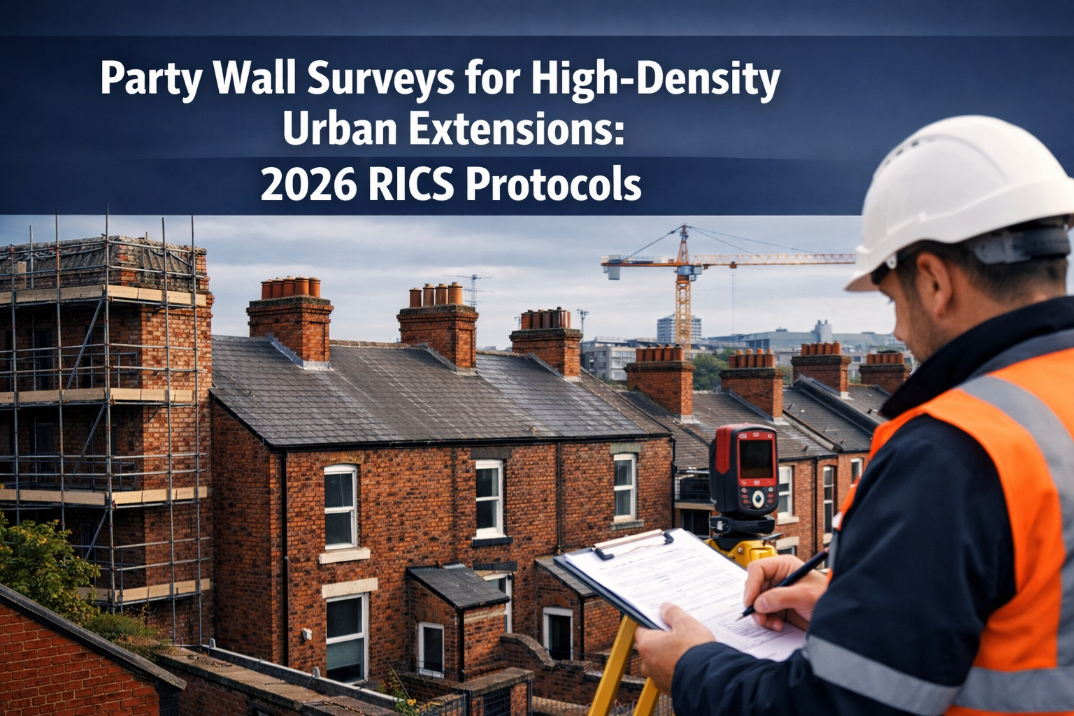Professional () hero image with : 'Party Wall Surveys for High-Density Urban Extensions: 2026 RICS Protocols' in extra large