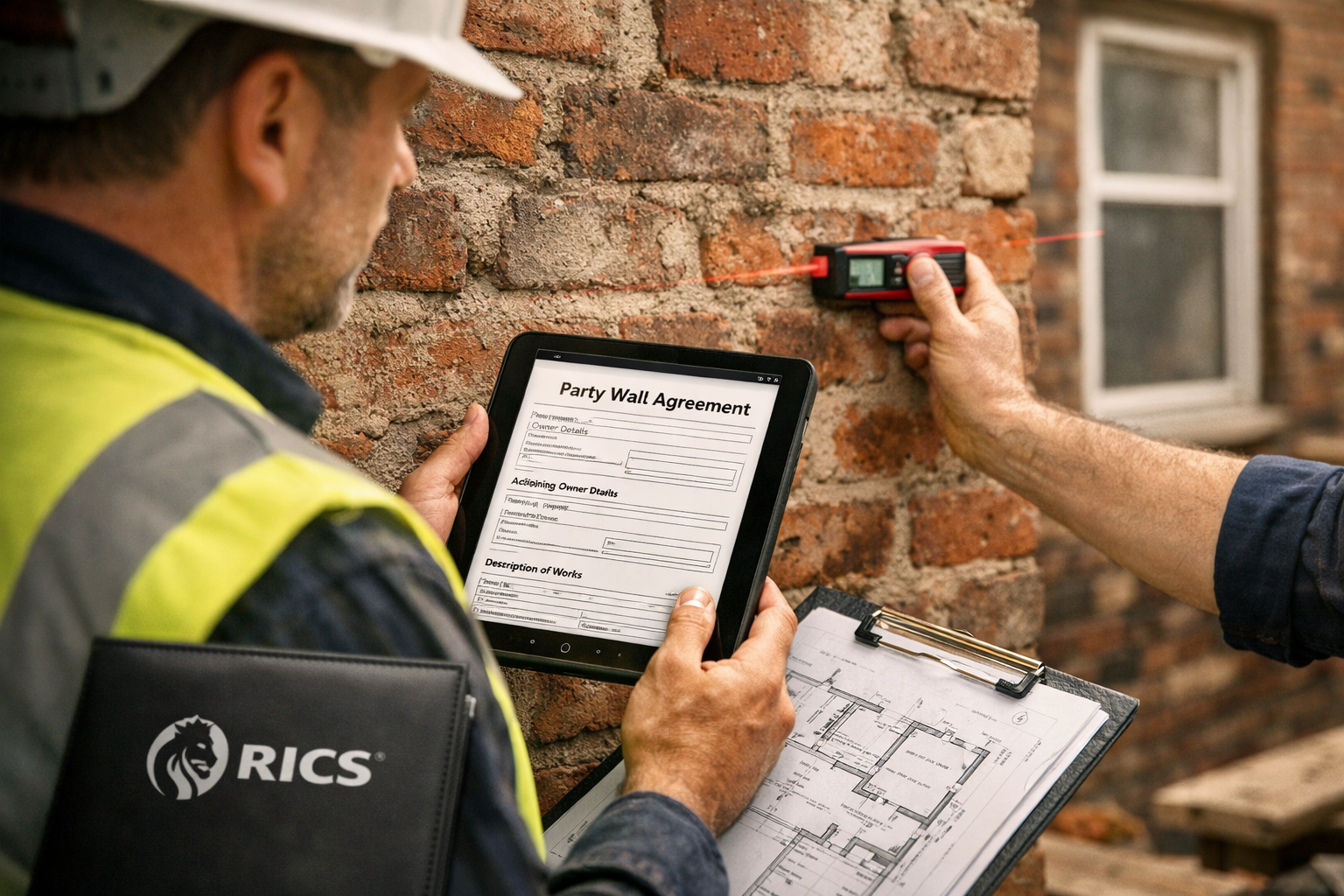 Detailed () image showing close-up of RICS-accredited surveyor conducting party wall inspection at terraced house extension