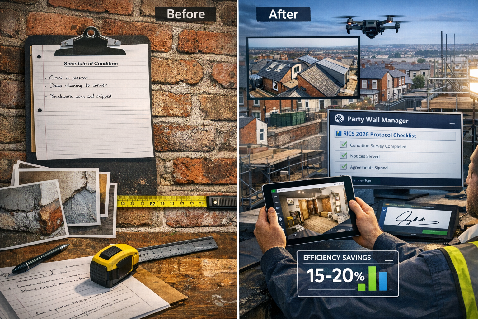 Detailed () split-screen comparison image showing 'before and after' party wall survey documentation: left side displays