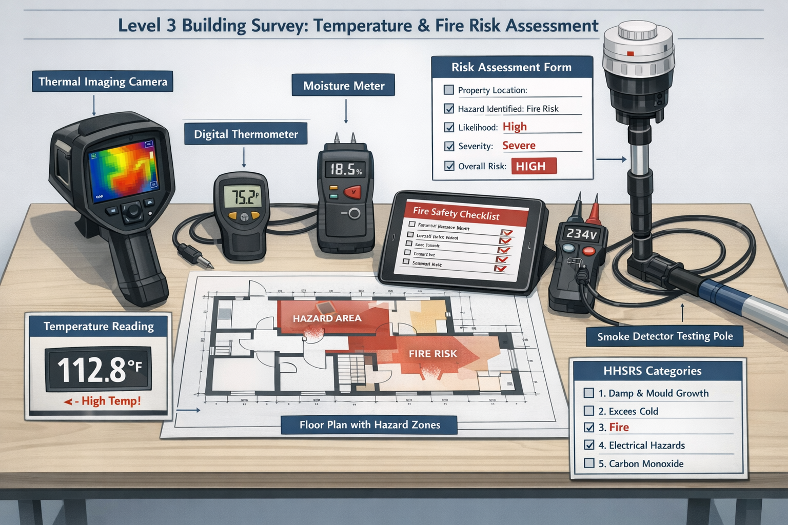 () technical illustration of Level 3 building survey equipment and protocols specifically for temperature and fire risk