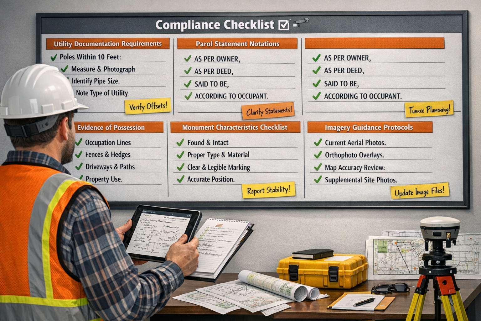 Detailed landscape format (1536x1024) comprehensive compliance checklist visualization showing surveyor reviewing multiple requirements on l