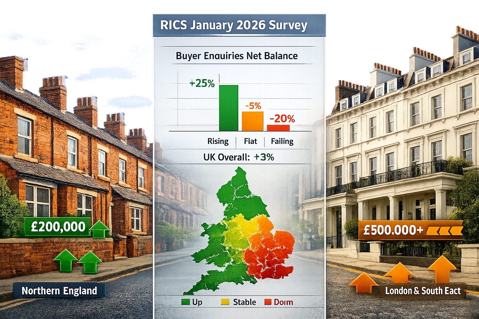 Detailed () editorial image showing split-screen comparison of UK regional property markets. Left side displays vibrant