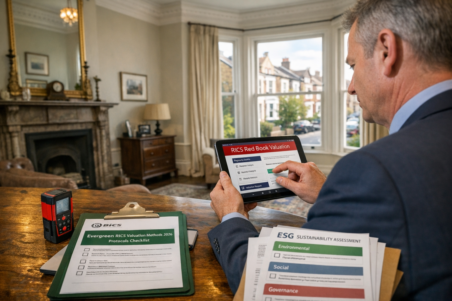Detailed () professional photograph of RICS chartered surveyor conducting property valuation in elegant London flat. Scene