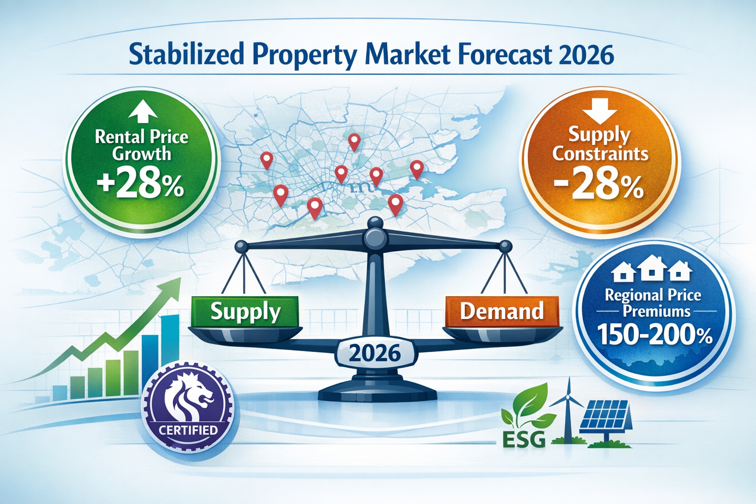 Detailed () conceptual business illustration showing stabilizing property market indicators for 2026. Central focus on
