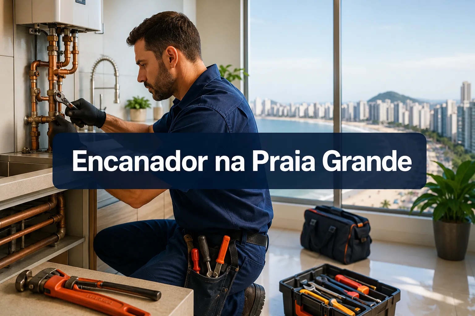 Professional () hero image with (≤42 chars): 'Encanador na Praia Grande', crisp white on a deep navy semi-transparent panel,