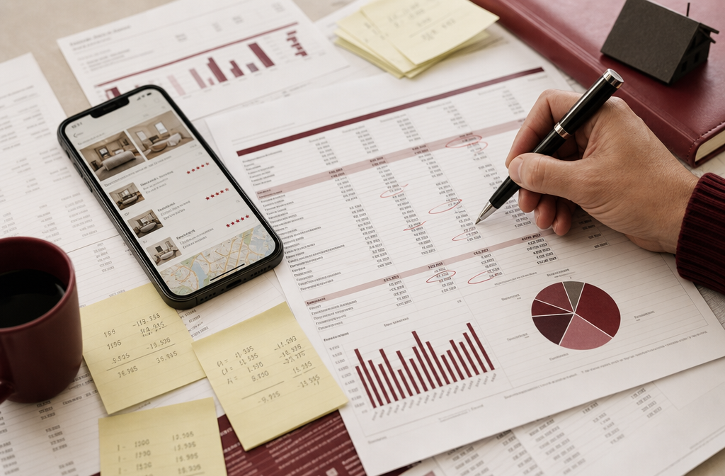 () editorial image showing a close-up overhead flat-lay of a financial analysis workspace with printed cash flow worksheets,