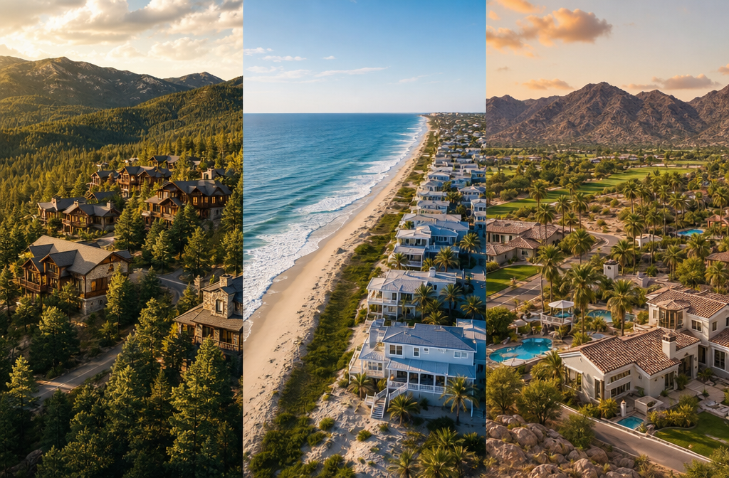 () editorial image showing a wide-angle aerial drone perspective of a diverse mix of vacation rental markets — a mountain