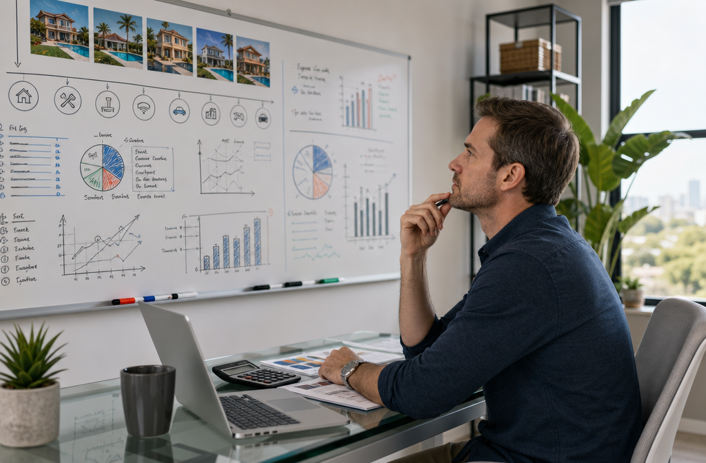 () editorial image showing a real estate investor sitting at a modern glass desk reviewing a large wall-mounted whiteboard
