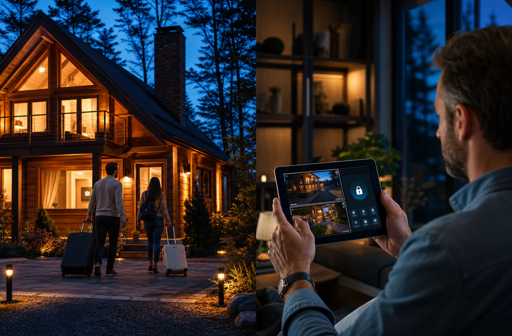 () editorial image showing a split-scene composition with one side depicting a cozy short-term rental cabin with warm