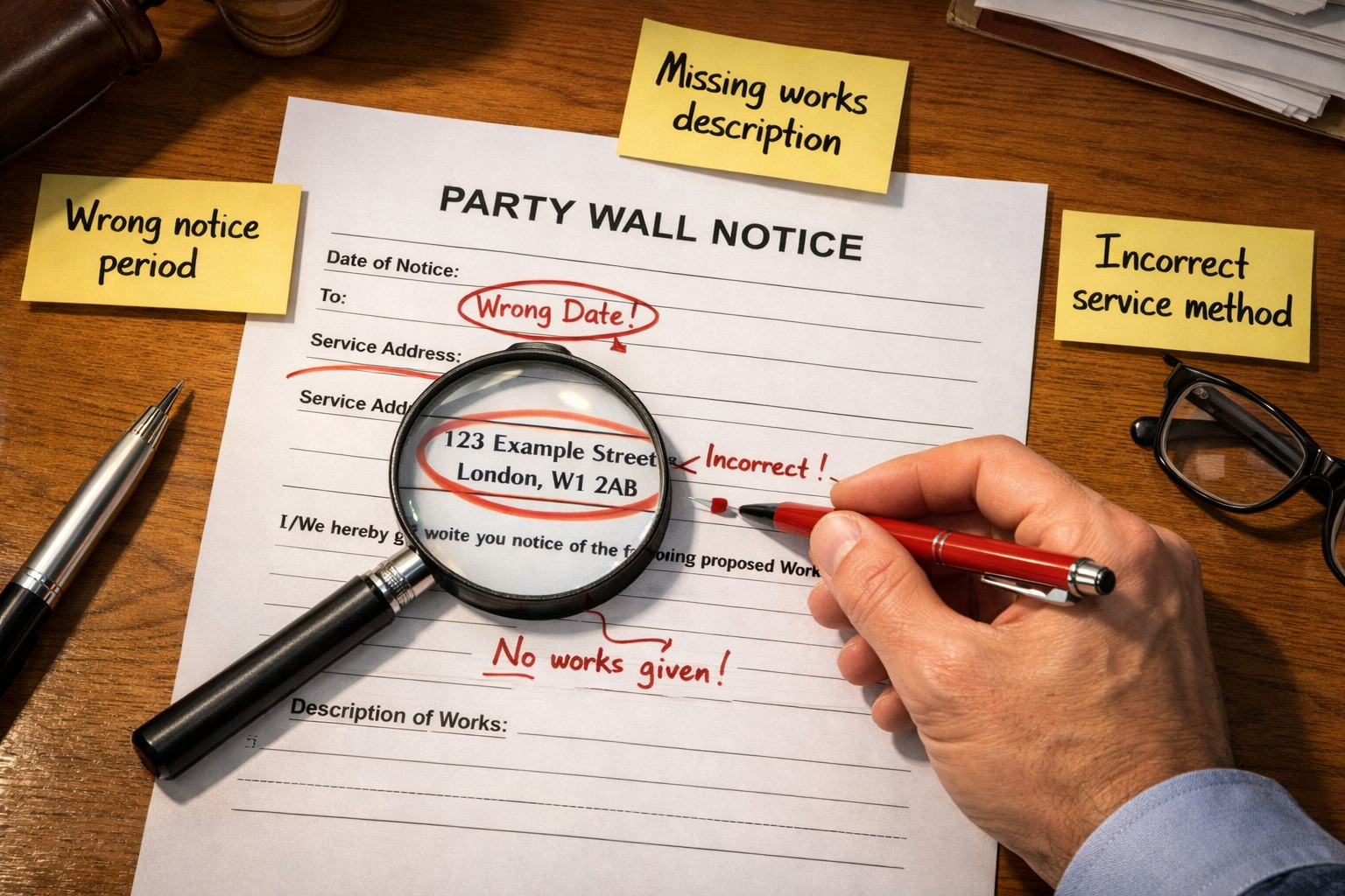 Detailed () showing a close-up overhead shot of a party wall notice document spread flat on a wooden desk, with a surveyor's
