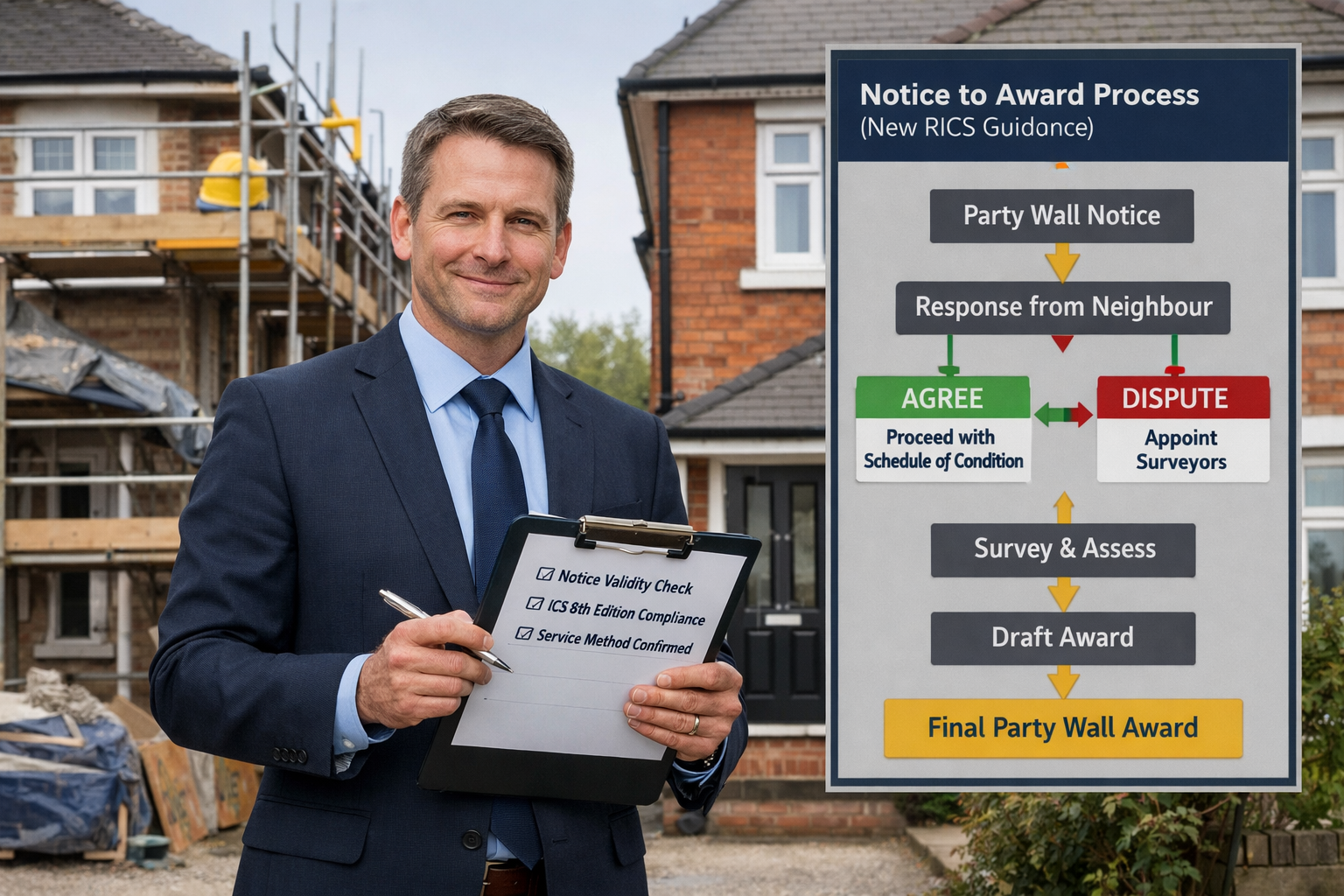 Detailed () showing a professional party wall surveyor in business attire standing between two semi-detached London houses,