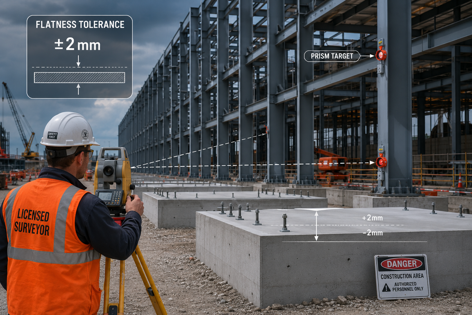 Wide-angle ground-level photograph of a licensed surveyor using a robotic total station on a tripod at a large data center