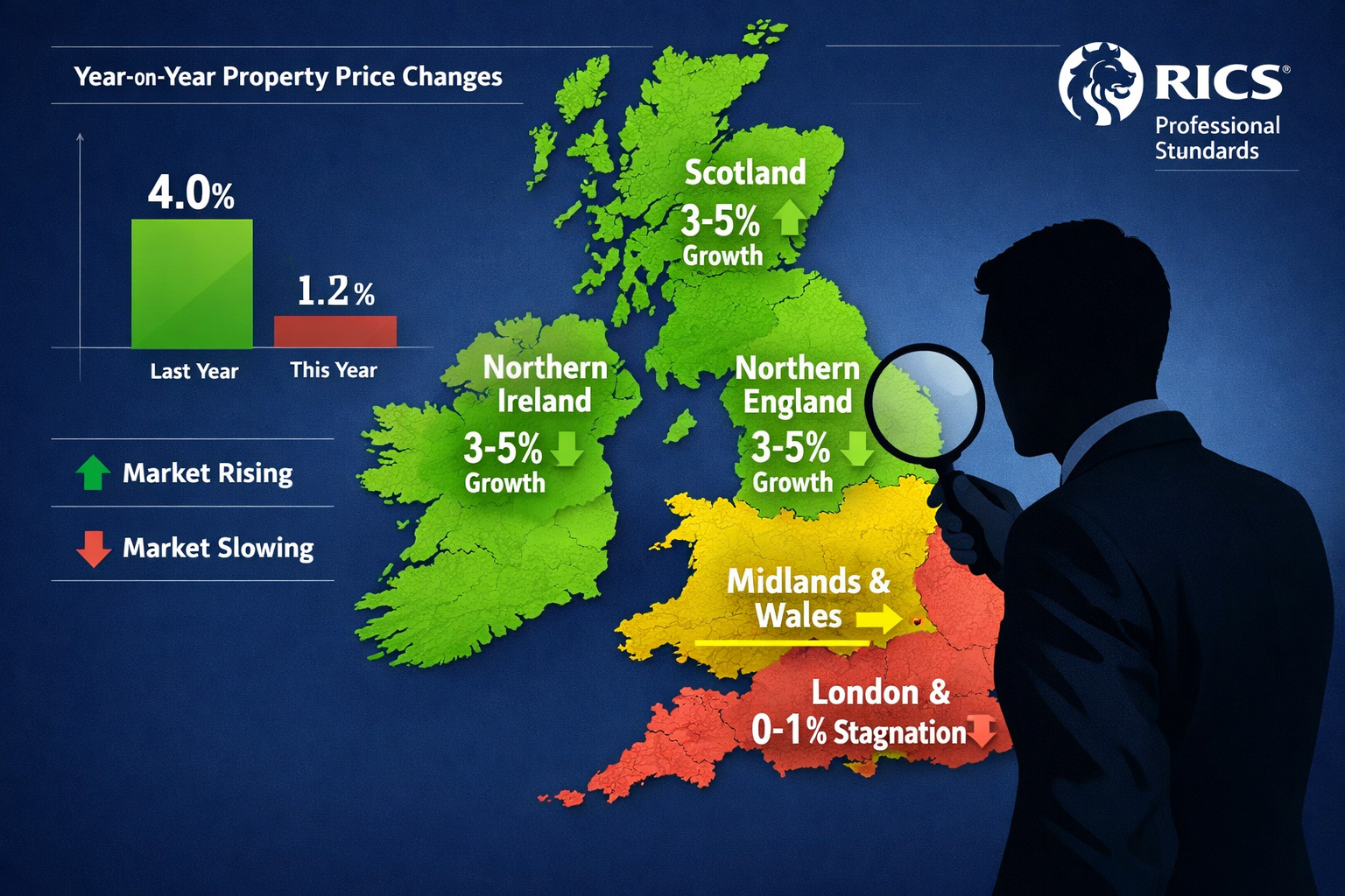 Landscape format (1536x1024) detailed infographic showing UK map with color-coded regional heat map displaying property price growth percent