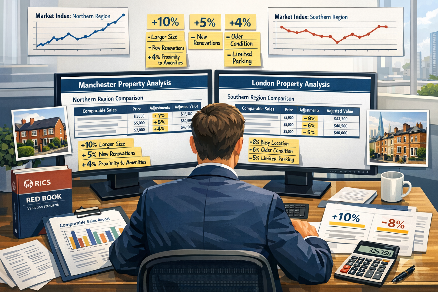 Landscape format (1536x1024) professional illustration depicting surveyor adjustment methodology workflow. Central focus shows chartered sur