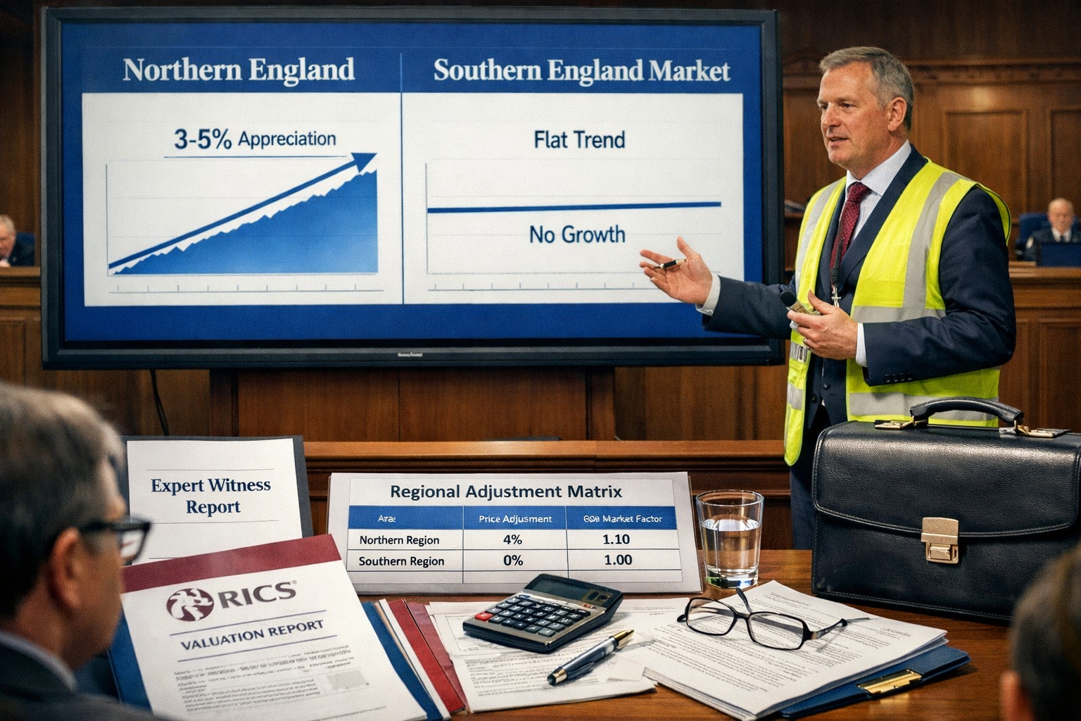 Landscape format (1536x1024) detailed concept visualization showing expert witness report preparation for diverging markets. Professional su