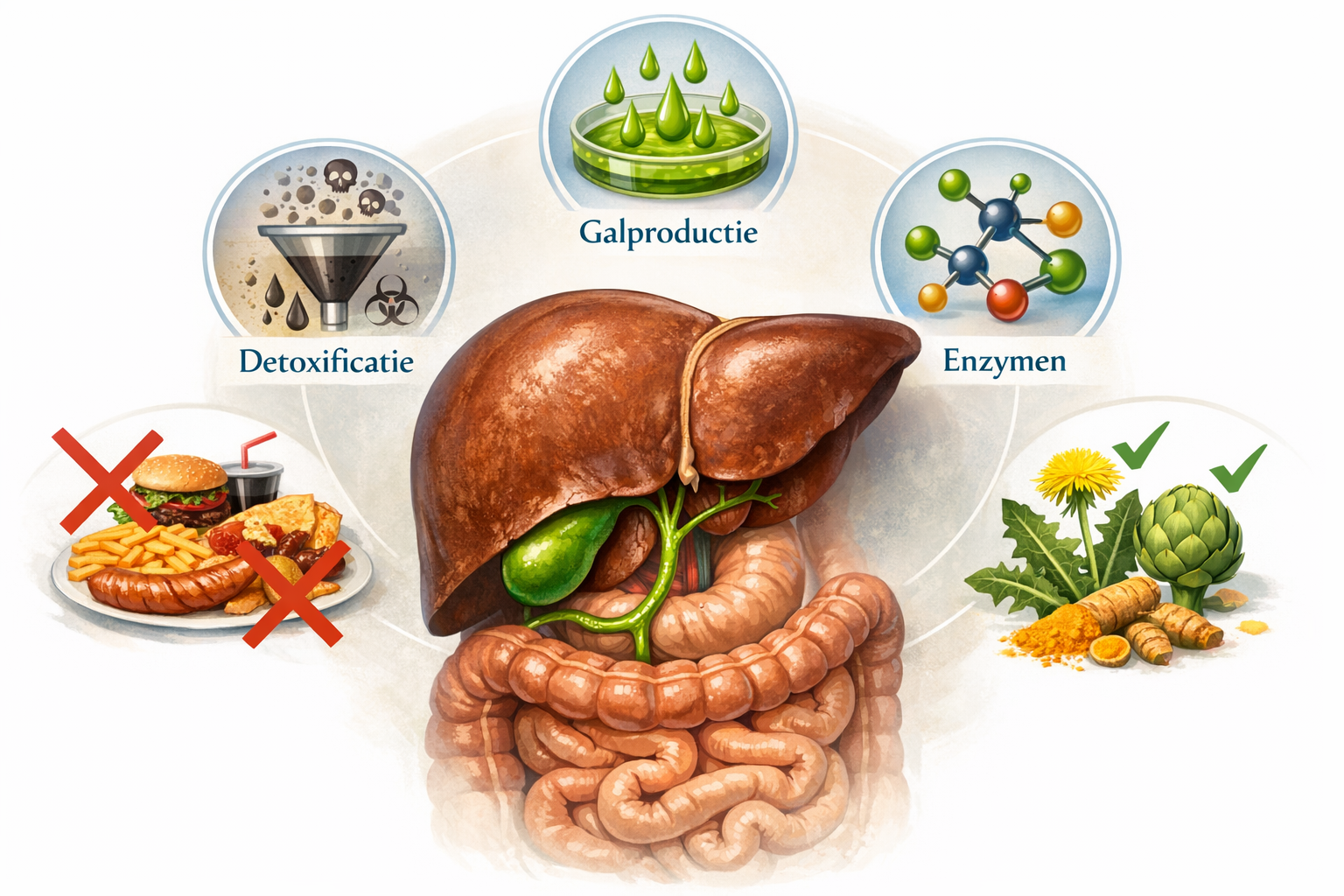 Landscape composition (1536x1024) showcasing the liver's role in digestion with detailed anatomical illustration. Center: large liver organ 