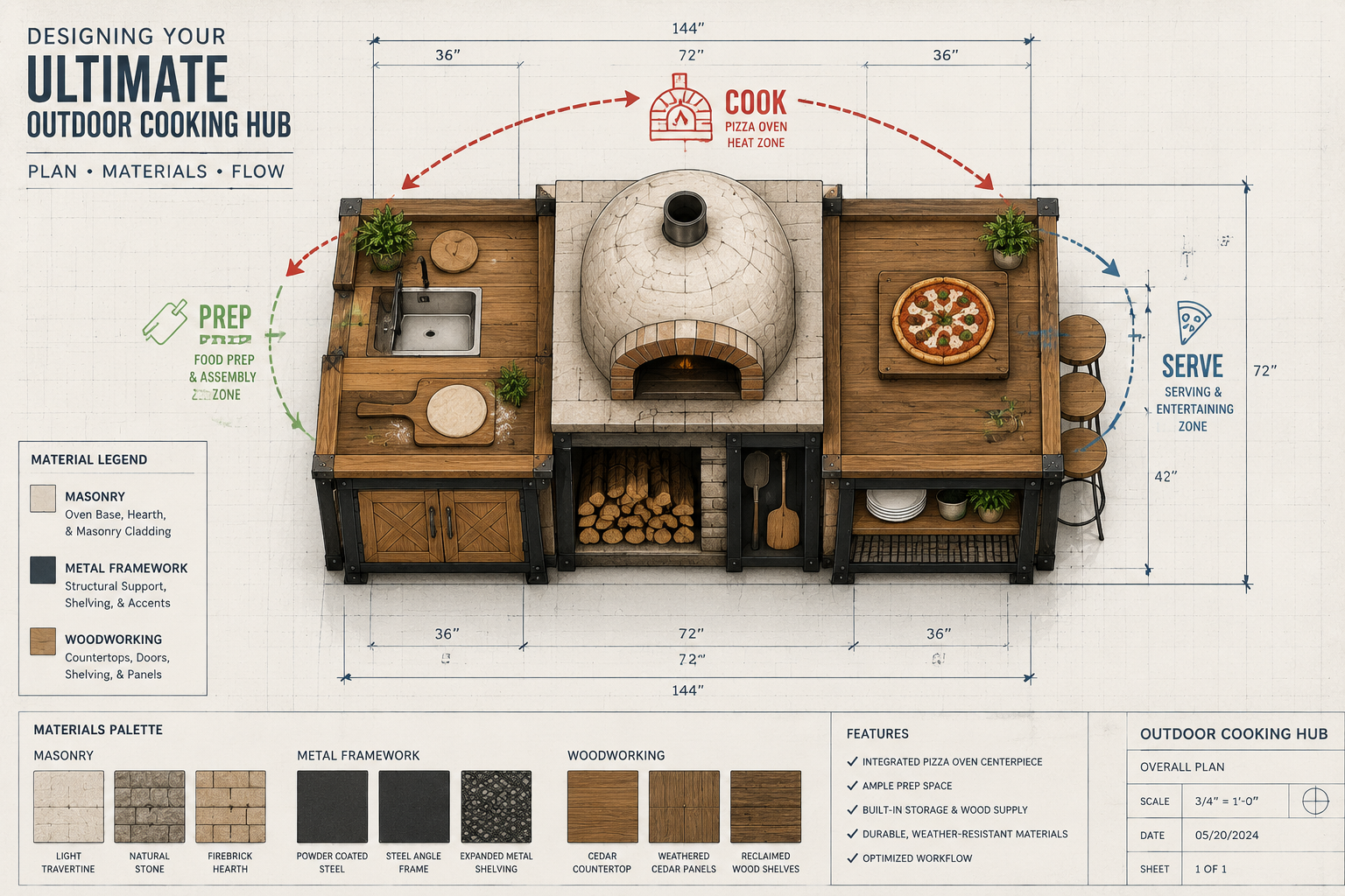 A detailed () image for 'Designing Your Ultimate Outdoor Cooking Hub'. It features a stylized blueprint or architectural