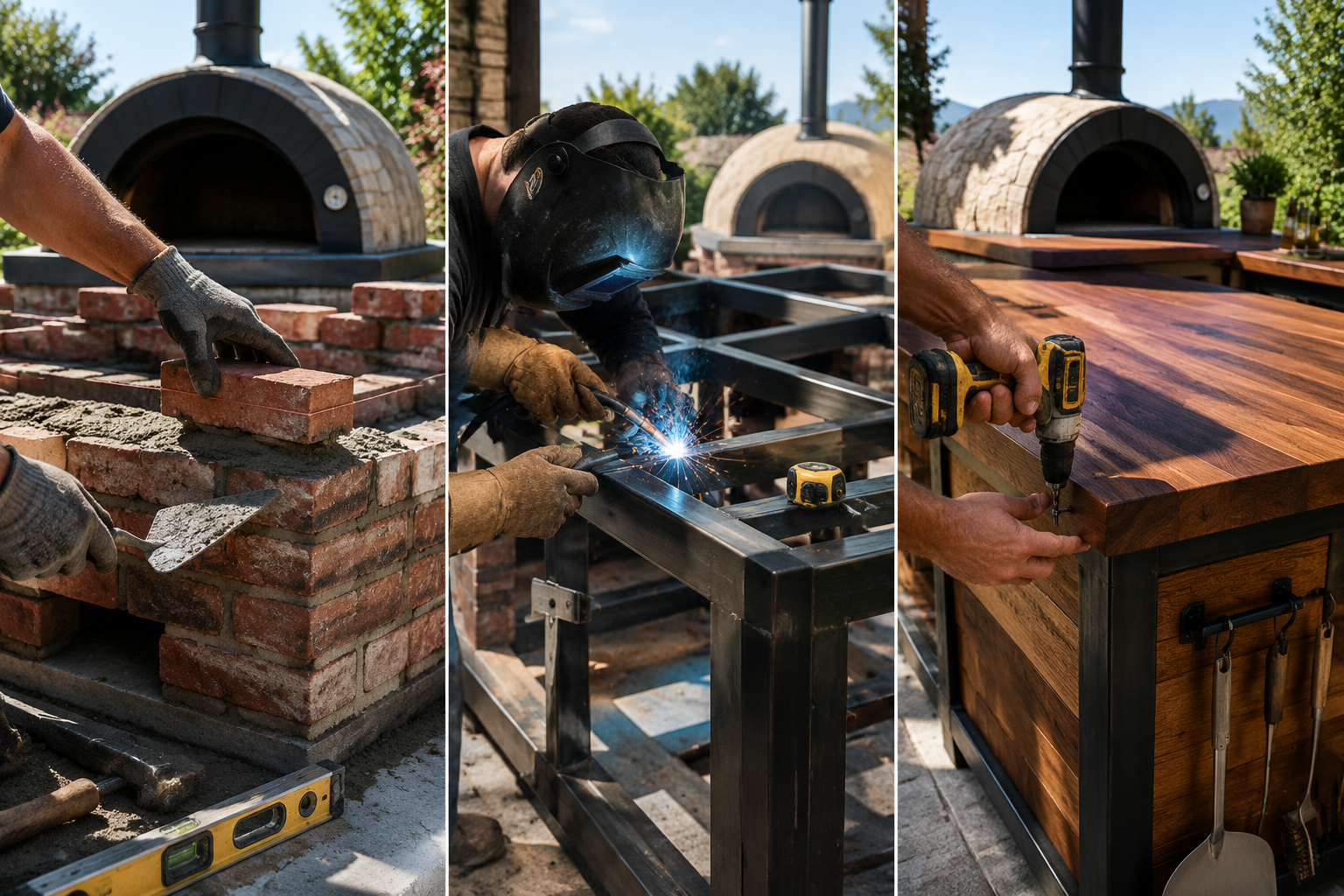 A detailed () image for 'Masonry, Metal, and Wood: A Step-by-Step Construction Guide'. The image shows a three-panel