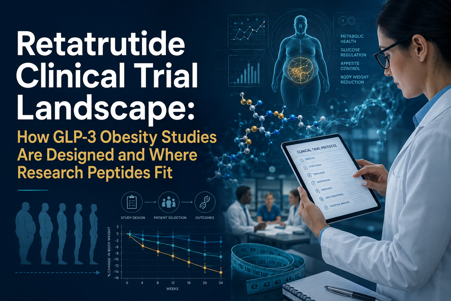 Professional landscape hero image () with : "Retatrutide Clinical Trial Landscape: How GLP-3 Obesity Studies Are Designed