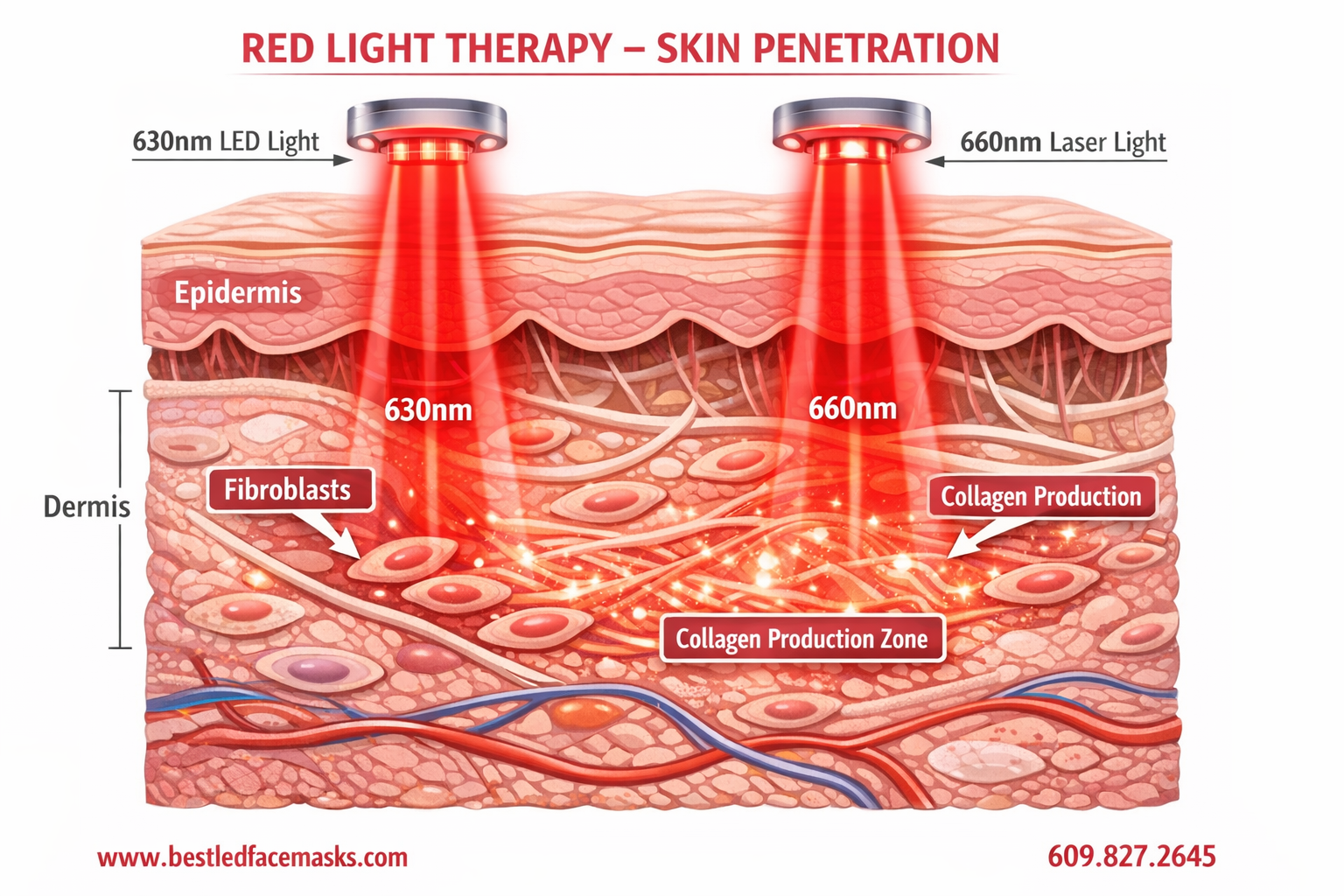 Detailed () showing a close-up scientific diagram of red light wavelengths penetrating skin layers, cross-section