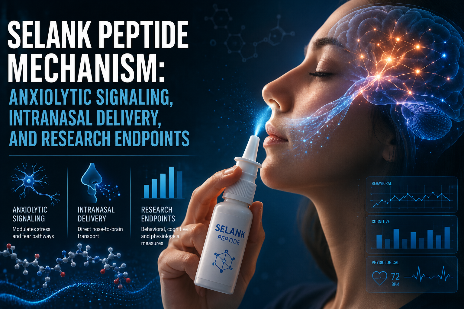 Professional landscape hero image () with : "Selank Peptide Mechanism: Anxiolytic Signaling, Intranasal Delivery, and