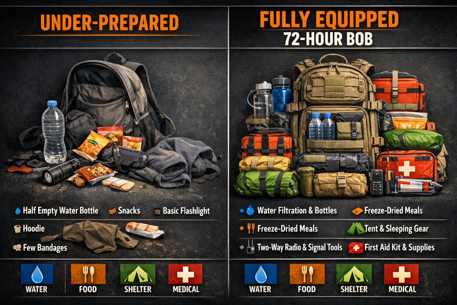 Detailed () split-panel comparison infographic showing two bug out bag configurations side by side: left panel labeled