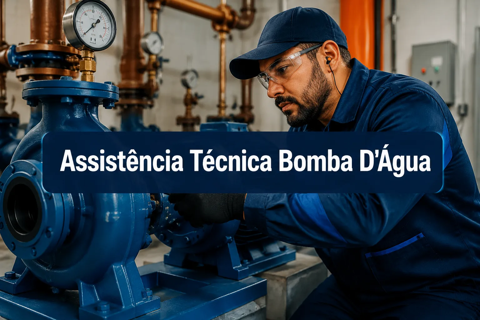 Professional () hero image with centered (≤42 chars): 'Assistência Técnica Bomba D'Água' in crisp white on a deep navy