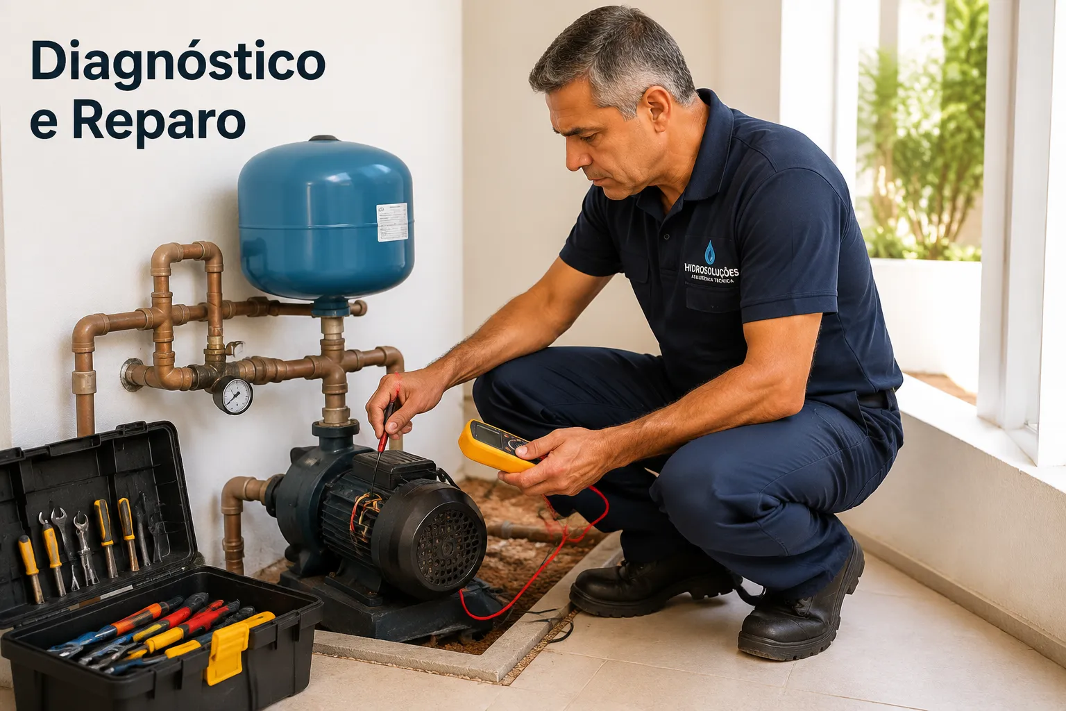 Editorial () bright daylight photograph of a male Brazilian technician with short gray hair crouching beside an open
