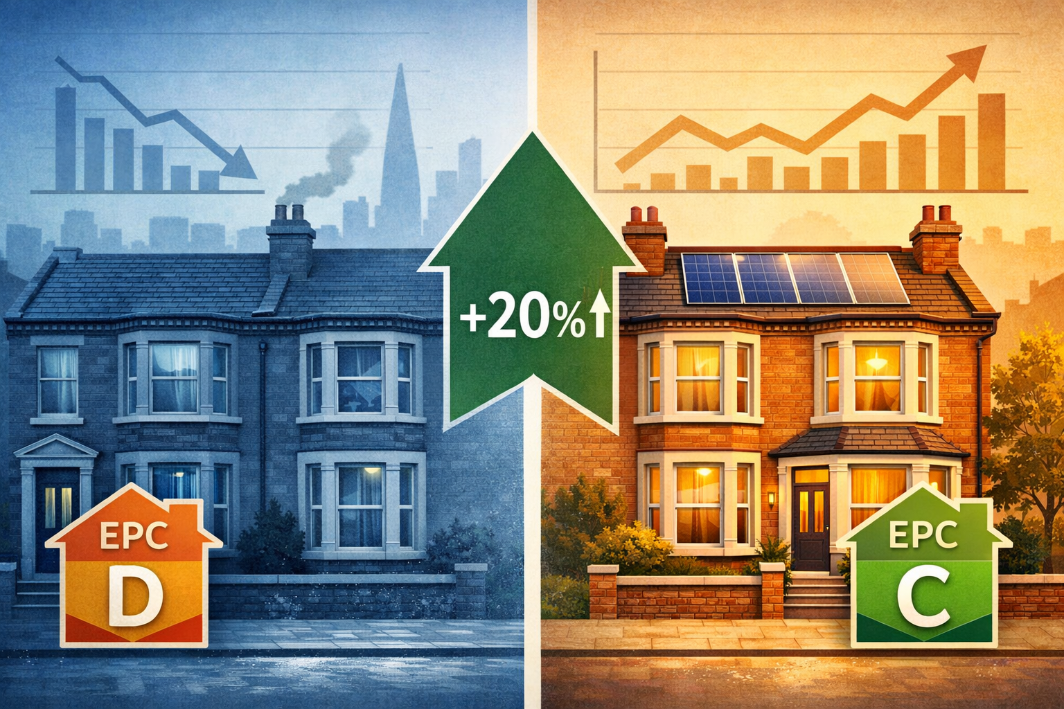 Detailed () infographic-style illustration showing a split-screen comparison: left side depicts a Victorian terraced house