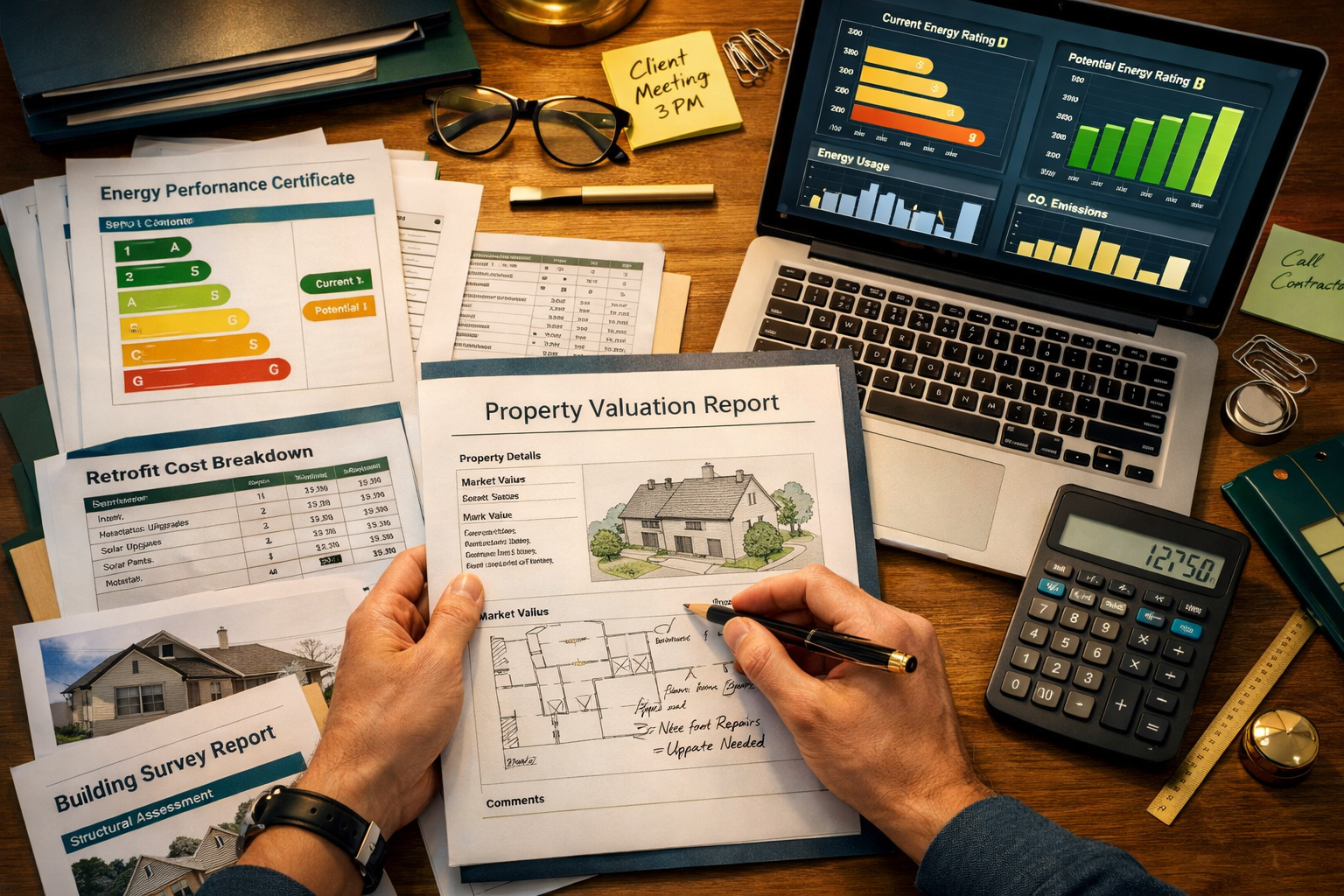 Aerial top-down perspective () showing a surveyor's desk with EPC certificates, retrofit cost breakdown spreadsheets, a