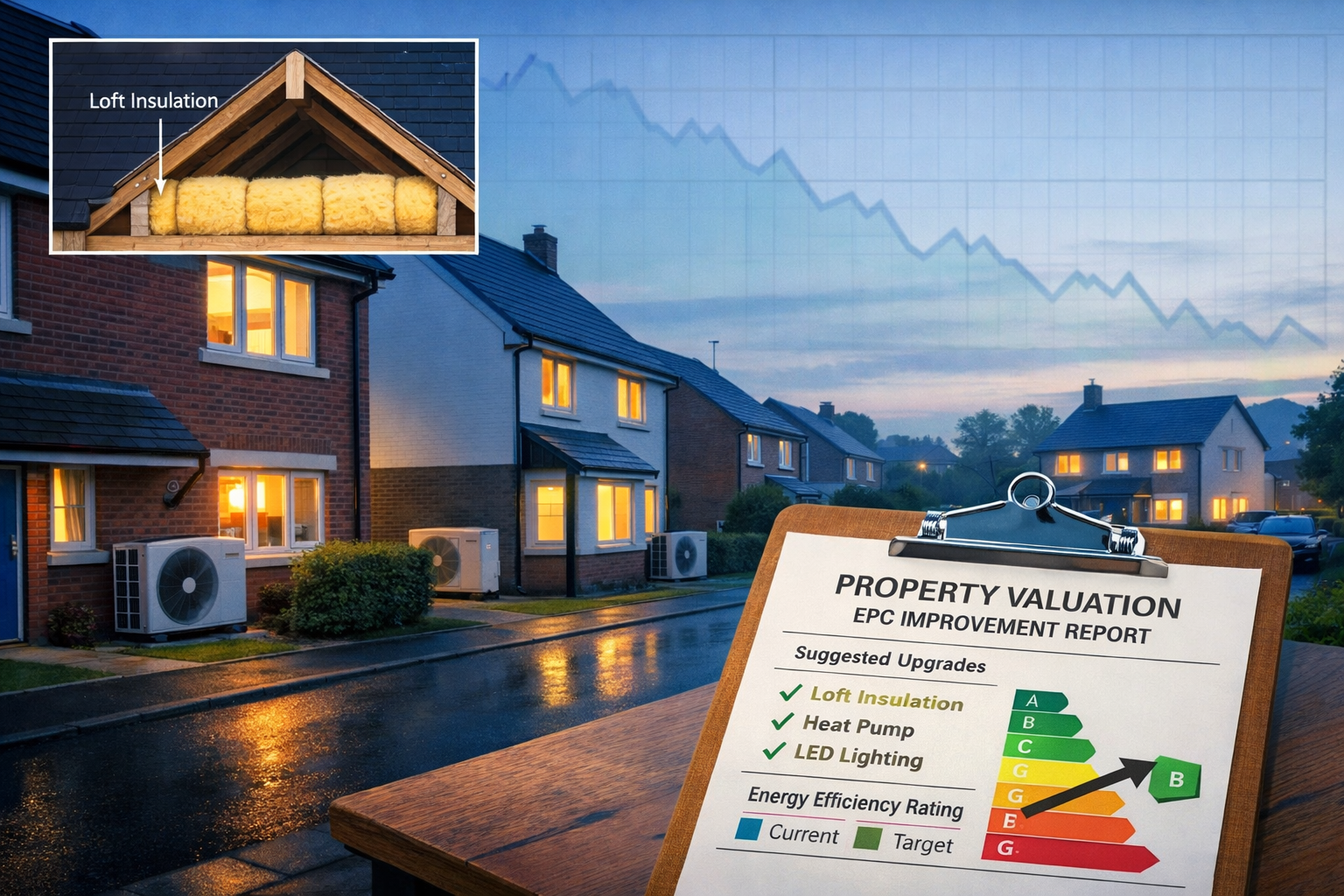 Wide-angle () showing a modern UK property street scene at dusk with visible energy efficiency upgrades: heat pump units