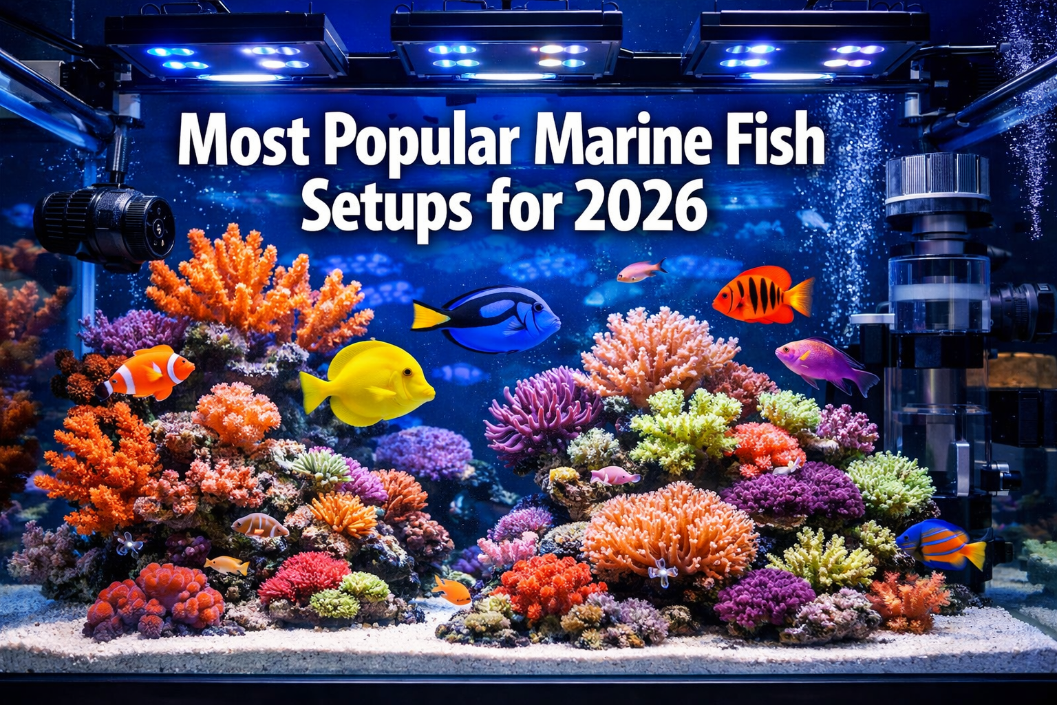 Professional landscape hero image (1536x1024) featuring bold text overlay 'Most Popular Marine Fish Setups for 2026' in extra large 70pt whi
