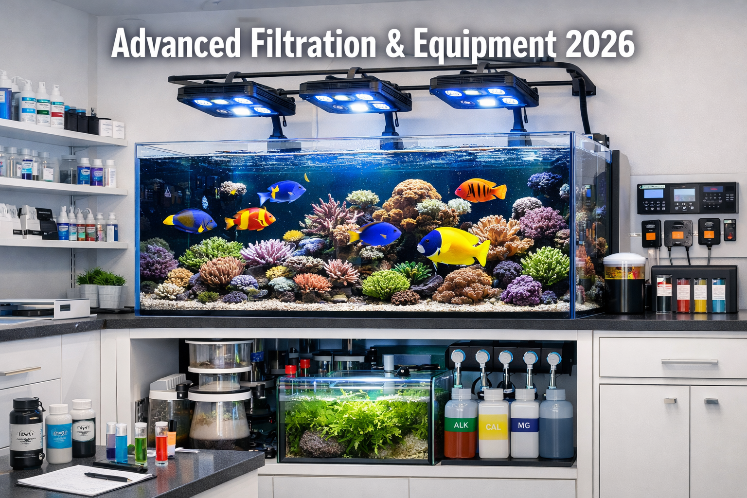 Detailed landscape image (1536x1024) showing modern reef tank setup with advanced LED lighting system, protein skimmer, refugium chamber, an