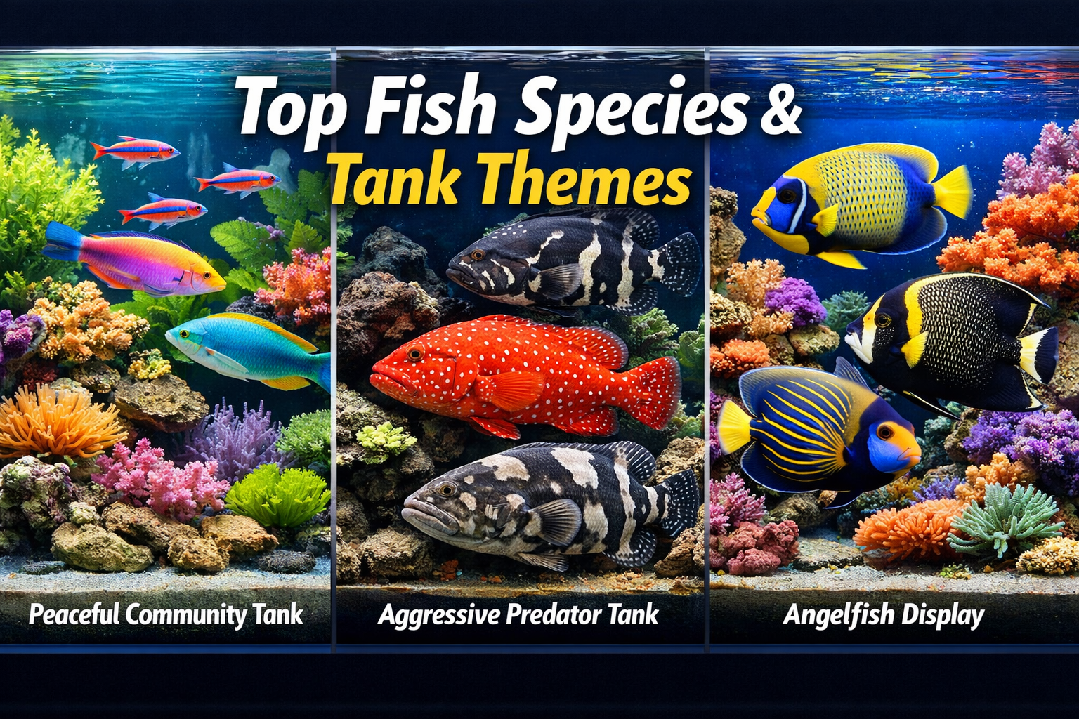 Professional landscape image (1536x1024) displaying popular marine fish species in their ideal tank environments - peaceful community tank w