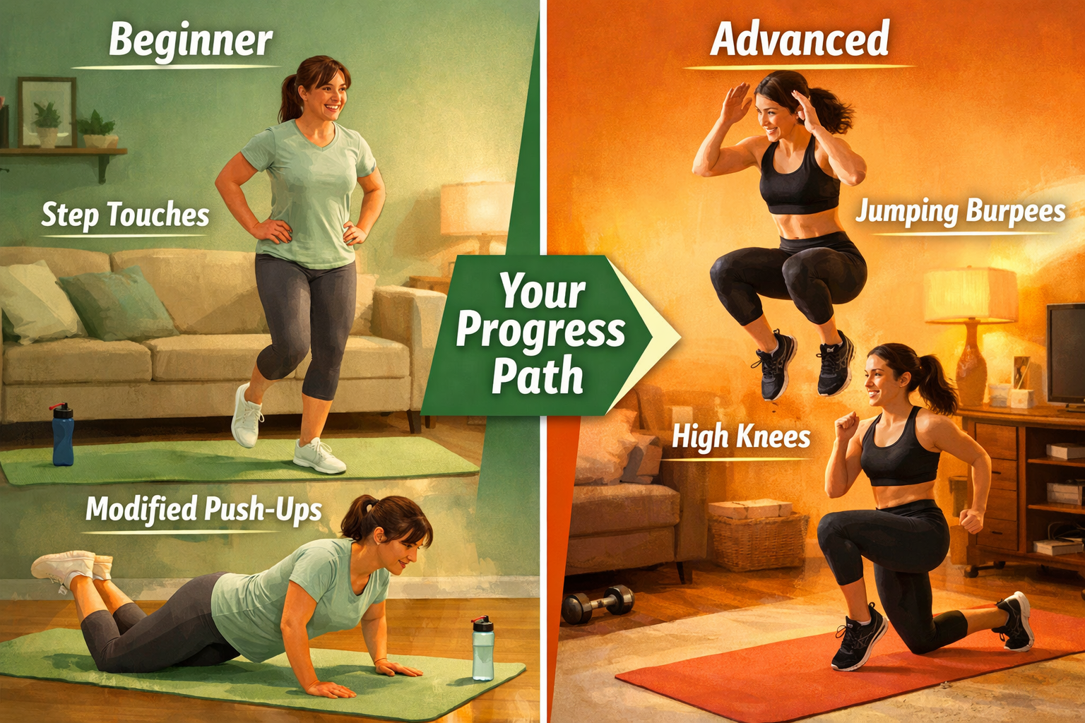 Hiit Training Workout For Beginners Digital illustration, graphic design style, Landscape format (1536x1024) split-scene comparison image: left side shows a beginner doing low-impact step touches and modified push-ups on knees in a living room, right side shows the same person doing full jumping burpees and high knees after progression. A bold center divider arrow labeled 'Your Progress Path' separates the two scenes. Warm motivational lighting, real-home setting with yoga mat, water bottle visible. Color scheme: soft green for beginner side, bold orange for advanced side, white text labels, editorial fitness photography style.