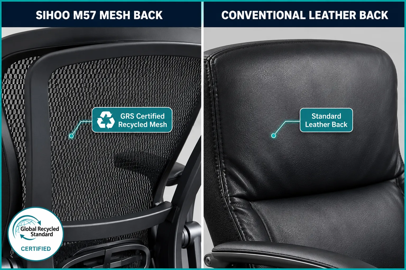 Sihoo M57 Ergonomic Office Chair With Breathable Mesh Cushion Split-screen editorial comparison image, 1536x1024 landscape format, bright studio lighting. Left half: close-up annotated photograph of the SIHOO M57 black mesh backrest showing the GRS-certified recycled material weave with a short callout label 'GRS Certified Recycled Mesh'. Right half: close-up of a conventional leather office chair backrest with callout label 'Standard Leather Back'. Both halves share a clean white dividing line, short panel headings at top in bold navy sans-serif, teal accent borders, editorial product photography quality, no pricing text, no dollar amounts. GRS Certification and Sustainability Features