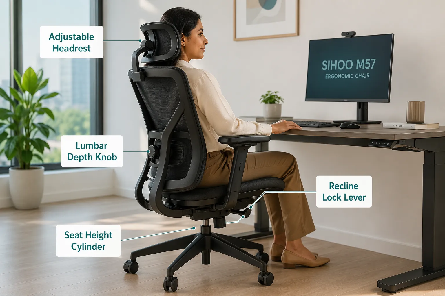 Sihoo M57 Ergonomic Office Chair With Breathable Mesh Cushion Annotated documentary-style editorial photograph, 1536x1024 landscape, bright natural office lighting. A South Asian woman in her 30s sits in a SIHOO M57 black mesh ergonomic office chair at a modern desk, viewed from a 45-degree side angle showing full chair profile. Four callout labels with thin lines point to: 'Recline Lock Lever' at the seat side, 'Lumbar Depth Knob' at lower back, 'Seat Height Cylinder' at base, 'Adjustable Headrest' at top. Labels are 1-4 words each, bold teal text on white tag backgrounds, fully inside 5% safe margins, professional ergonomic guide aesthetic, warm daylight, sharp focus on chair details. Breathable Mesh vs Leather: Is the Sihoo M57 Good for Long Hours?