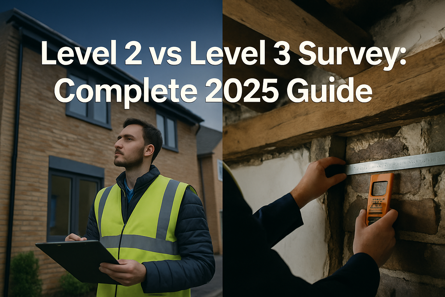 Professional landscape hero image (1536x1024) featuring bold text overlay 'Level 2 vs Level 3 Survey: Complete 2025 Guide' in extra large 72