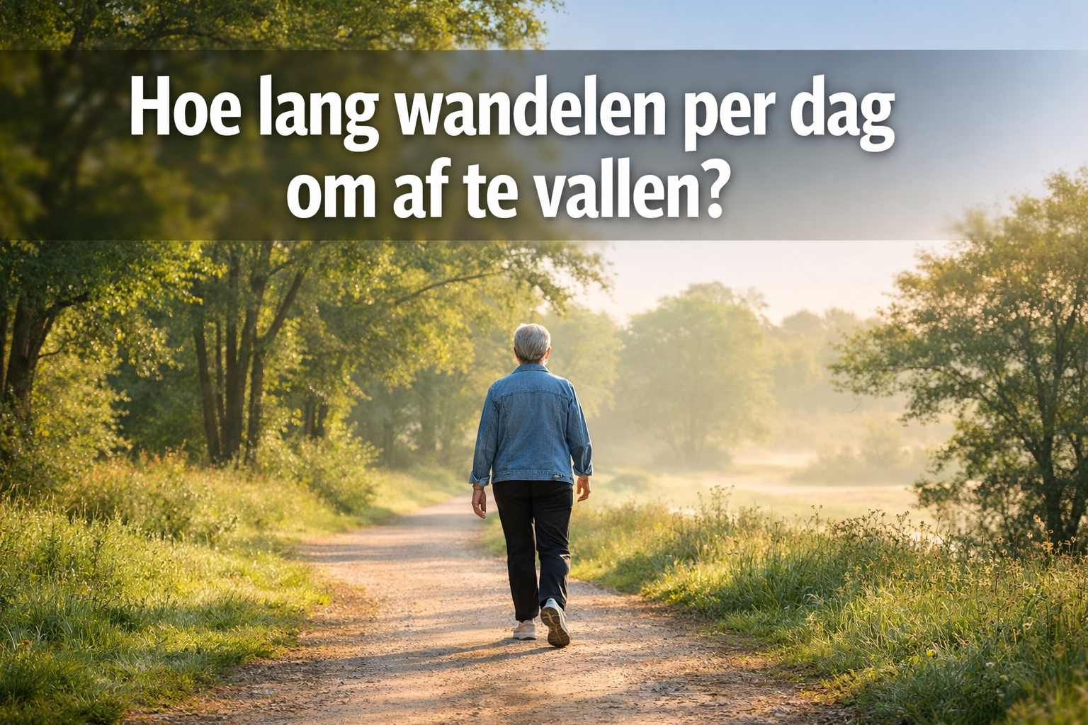 Professional landscape hero image (1536x1024) featuring bold text overlay 'Hoe lang wandelen per dag om af te vallen?' in extra large 72pt w