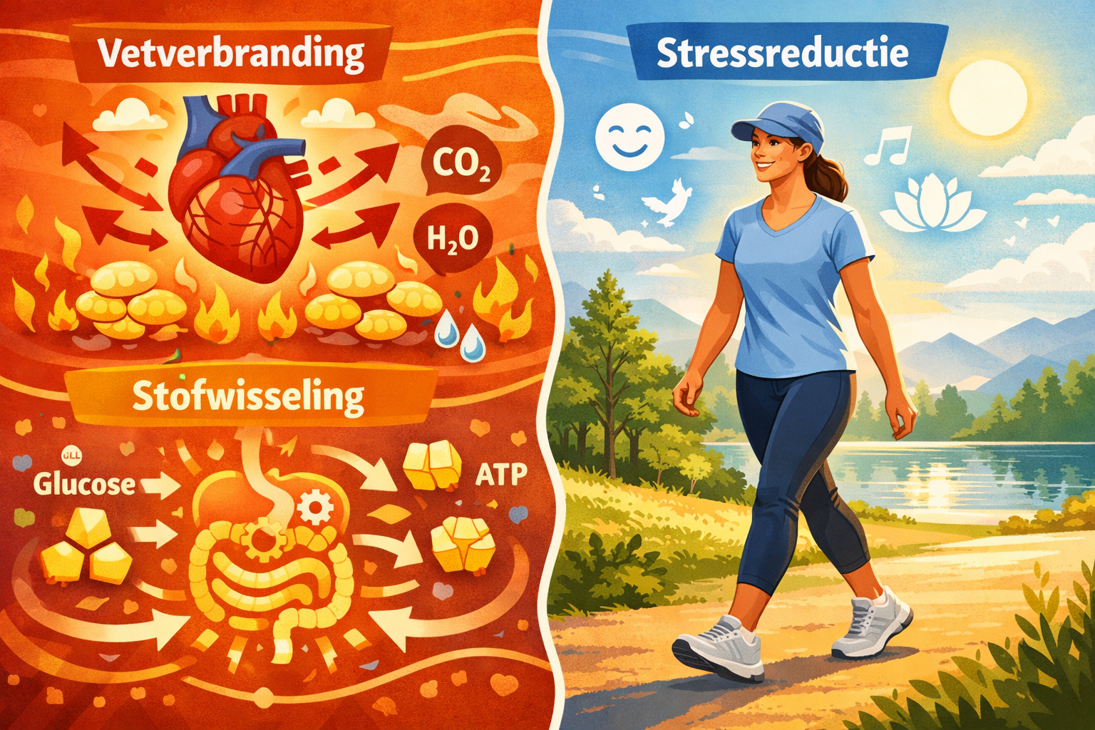 Landscape illustration (1536x1024) depicting metabolic benefits of walking with split-screen concept: left side shows internal body systems